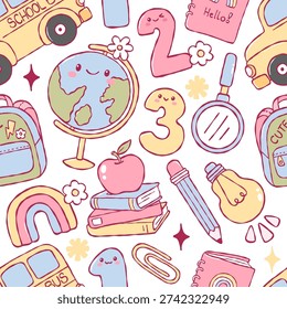 Pastel Back To School Seamless Pattern, Kawaii Teacher Digital Paper, Spring School Repeat Pattern Design Vector