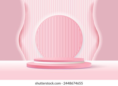 Fondo pastel con Abstractas podio de pedestal de cilindro rosa 3D con un círculo redondo de textura de papel corrugado en la parte posterior. Fondo de Vector.