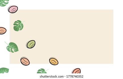 Pastel background with coffee beans and monstera leaves.
One-sided seamless pattern.
Vector design.