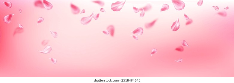 Pastel background with pink flower petal for spring time and spa service design. Realistic 3d vector falling and flying rose or sakura blossom leaves. Floral bloom elements for romantic concept.