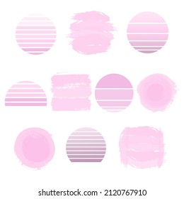 Pastel background set. Dusty pink brush strocks and striped retro circles background. Abstract vector 