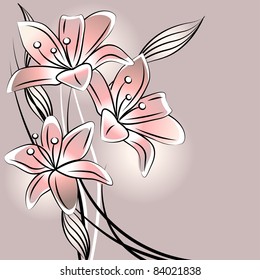 Pastel background with stylized simple contour lilies