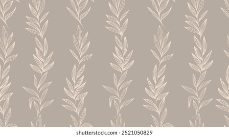 Pastel background of vertical strips of twigs, seamless pattern with leaves