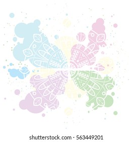 Pastel background with white mandala on colorful circle blobs.