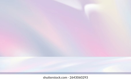 Pastel background,Prism texture with white light backdrop,Studio background with gradient rainbow pink, blue light hologram with 3D podium for digital product template,Blank Interior wall for Winter 