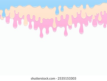 Pastel bakery background concept. Blue, cream, and pink liquid melting on a white background.