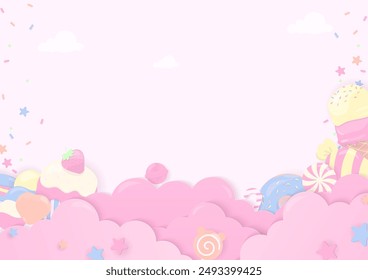 Fondo de panadería pastel. Dulce panadería, dulces y helado en una nube rosa con espolvorines de azúcar y espacio de copia.