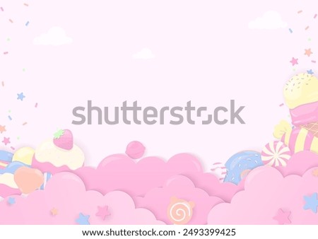 Pastel bakery background. Sweet bakery, candy, and ice cream on a pink cloud with sugar sprinkles and copy space.