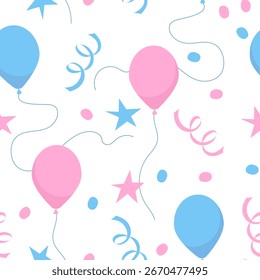 Patrón sin fisuras de globos pastel, globo rosa y azul, serpentina, confeti. Fondo de Vector de ducha de bebé. 