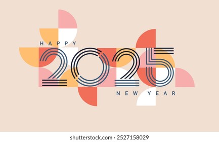 Pastel banner for 2025 New Year. Greeting poster with numbers from lines on simple geometry circle shapes on background.Template for flyer,web,cover,calendar,web,presentation,print.Vector illustration