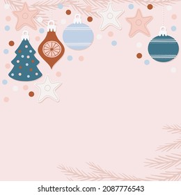 pastel baubles glass balls and confetti colorful festive winter holiday decorative vector hand drawn centerpiece illustration on light background with blank place for your text 