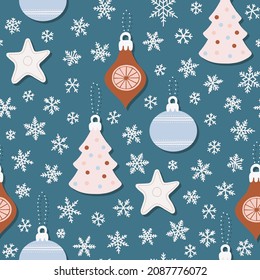 pastel baubles glass balls and snowflakes colorful festive winter holiday decorative vector seamless pattern on dark background