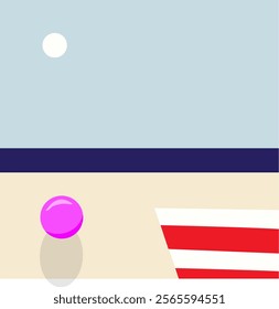 Pastel beach scene with a pink ball and striped towel