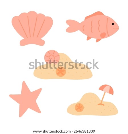 Pastel Beach Vector with Shell, Pink Fish, Sand Dunes, Starfish, Umbrella, Pebbles - Cute Art