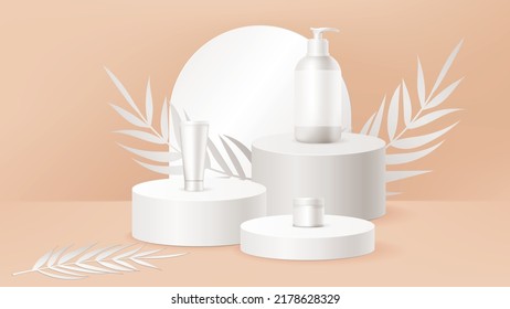 Pastel beige 3d background product display podium scene with leaf geometric platform. Stand to show cosmetic product, cream bottles, dispenser . Realistic paper stage showcase on pedestal.