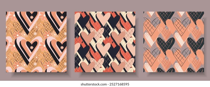 pastel beige, coral colors Checkered Heart seamless pattern set, wafer cookies texture, original drawn textile saint valentine's day wallpaper for wrapping paper, greeting card, invitations