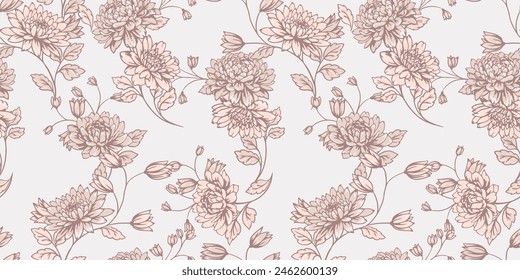 Subgrupos florales de color beige pastel con patrón transparente. Vector dibujado a mano. Flores Grandes artísticas y abstractas y hojas diminutas, impresión de cogollos. Plantilla para diseños, tela, moda, textil, Fondo de pantalla