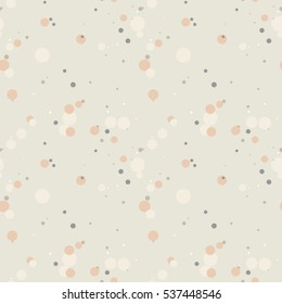Pastel beige, orange, gray seamless pattern with messy circles. Random overlay circles on white background. Dotted texture. Chaotic grunge dot. Geometric wrapping paper. Vector illustration.