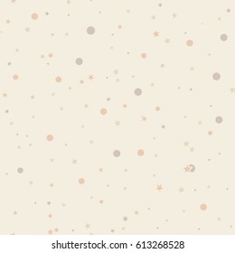 Pastel beige, orange, gray seamless pattern with messy circles. Random overlay circles on white background. Dotted texture. Chaotic grunge dot. Geometric wrapping paper. Vector illustration.