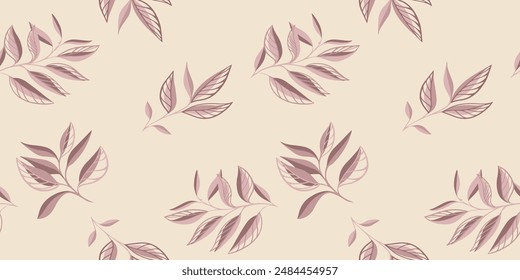 Pastel beige seamless pattern with abstract shape branches leaves. Creative tropical plants print on a light  background. Vector hand drawing sketch. Design for fashion, fabric and textiles