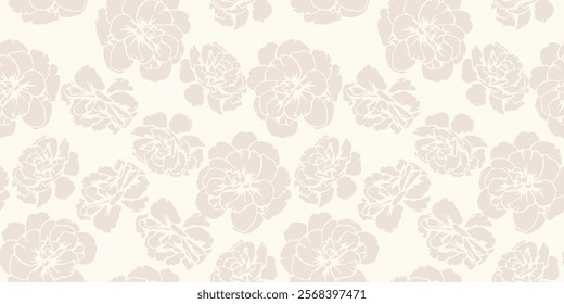 Pastel beige seamless pattern with abstract shapes buttercups, pansies. Monochrome contour silhouettes flowers print. Vector hand drawn. Plain nature ornament for designs