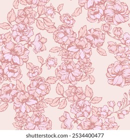 Pastel beige seamless pattern with chic blooming pattern. Artistic abstract floral seamless print. Vector drawing illustration. Stylized wild flowers patterned. Design for fabric, fashion, textile