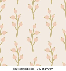 Pastel Berries Seamless Pattern. Cute gentle ornament with branches. Repeat vector illustration for wallpaper kids packaging fabric.