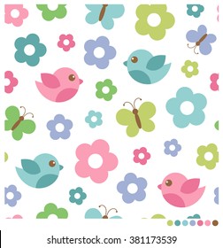 Pastel bird, butterfly and flower seamless vector pattern