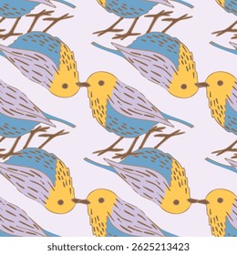 Pastel Birds and Flowers Vector Seamless Pattern n a whimsical vintage style