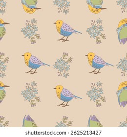 Pastel Birds and Flowers Vector Seamless Pattern n a whimsical vintage style