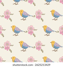 Pastel Birds and Flowers Vector Seamless Pattern n a whimsical vintage style