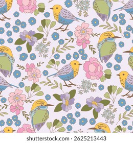 Pastel Birds and Flowers Vector Seamless Pattern n a whimsical vintage style