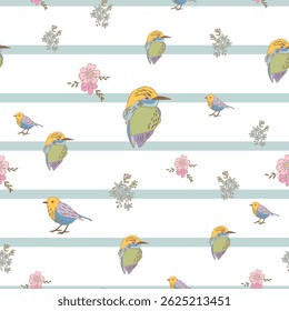 Pastel Birds and Flowers Vector Seamless Pattern n a whimsical vintage style