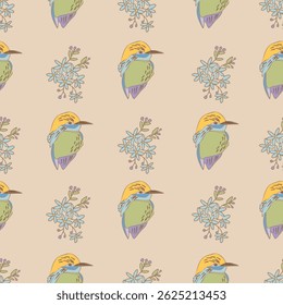 Pastel Birds and Flowers Vector Seamless Pattern n a whimsical vintage style