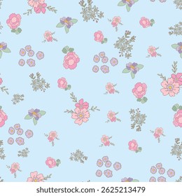 Pastel Birds and Flowers Vector Seamless Pattern n a whimsical vintage style