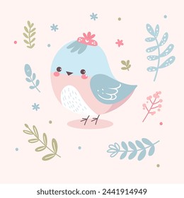 Kit de vector de pájaros y hojas pasteles
