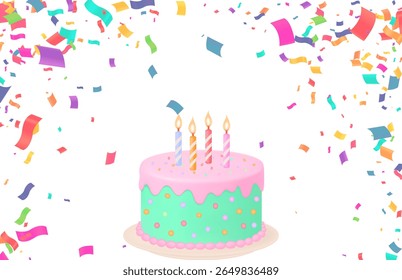 Bolo de aniversário pastel com velas e Confete: Celebração, Festa, Felicidade, Alegria, Ocasião Especial, Evento Festivo, Divertimento Ilustração