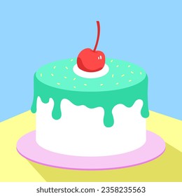 Pastel Birthday cake, Sweet Creamy dessert, Flat vector tasty cake, Cute minimal illustration on pain background