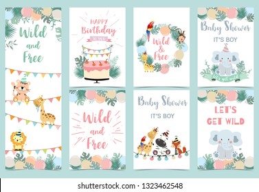 pastel birthday card with tiger,elephant, giraffe, zebra,cake,leaf and balloon