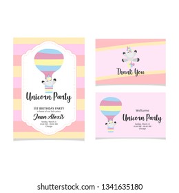 Pastel birthday invitation with unicorn,head,rainbow and frame