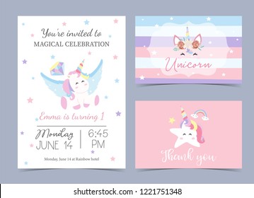 Invitación de cumpleaños Pastel con unicornio, cabeza, arco iris, marco y estrella