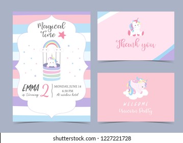 Pastel birthday invitation with unicorn,head,rainbow,frame and star