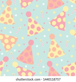 Pastel Birthday Party Confetti Stars Vector Seamless Pattern with Party Hats, Candles and Stars in Pink, Orange, Yellow, Green and White. Perfect For Wrapping Paper, Card-Making, Fashion and Fabrics.
