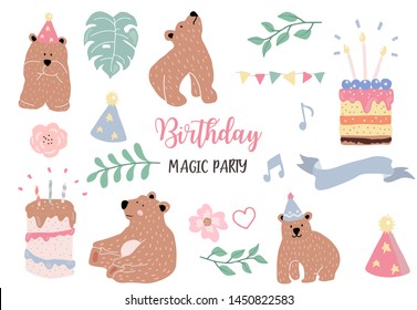 pastel birthday set with bear,cake,leave,flower illustration for sticker,postcad,birthday invitation