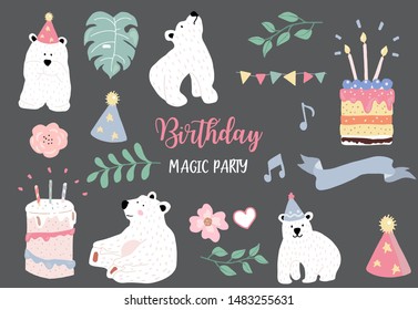 pastel birthday set with bear,cake,leave,flower illustration for sticker,postcad,birthday invitation