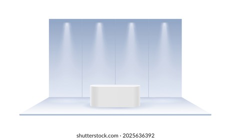 Pastel blank exhibition trade. Realistic show booth, empty promotional advertising stand or pedestal with desk. Presentation event room display with lights vector mockup