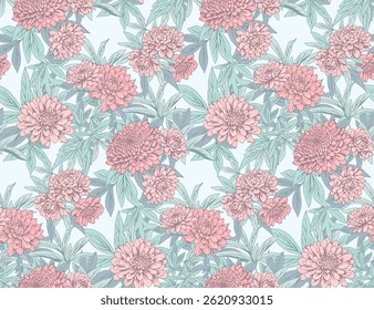 Pastel florescendo padrão floral sem emenda. Resumo artístico crisântemo peônias dálias flores em ramos folhas imprimir. Ilustração desenhada por vetor. Ornamento de natureza