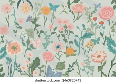 Pastel Blossom Flower Garden and Butterfly Pattern Background Illustration