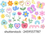 Pastel blossom illustrations such as flowers, butterfly, mushroom, apple, smiles, tulip, confetti for spring, summer, picnic, stickers, logo, icon, font, floral print, plush toy, doll, cartoon, kids
