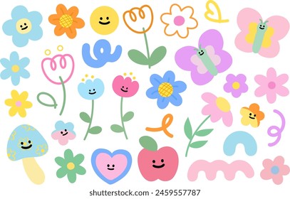 Pastel blossom illustrations such as flowers, butterfly, mushroom, apple, smiles, tulip, confetti for spring, summer, picnic, stickers, logo, icon, font, floral print, plush toy, doll, cartoon, kids